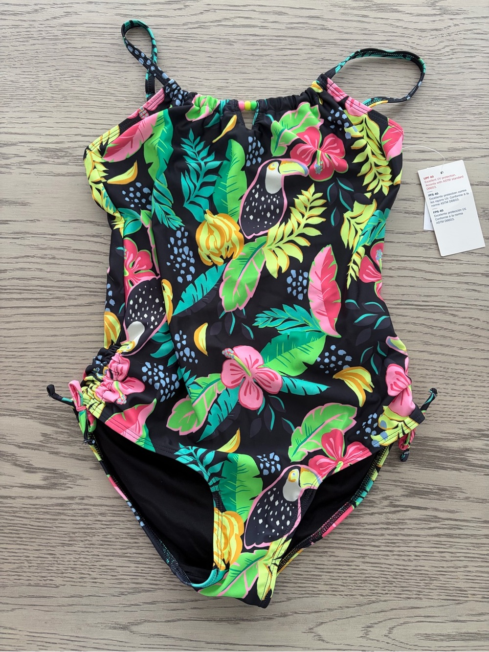 Old Navy Black Tropical Toucan One-Piece Swimsuit with Pink and Green Accents